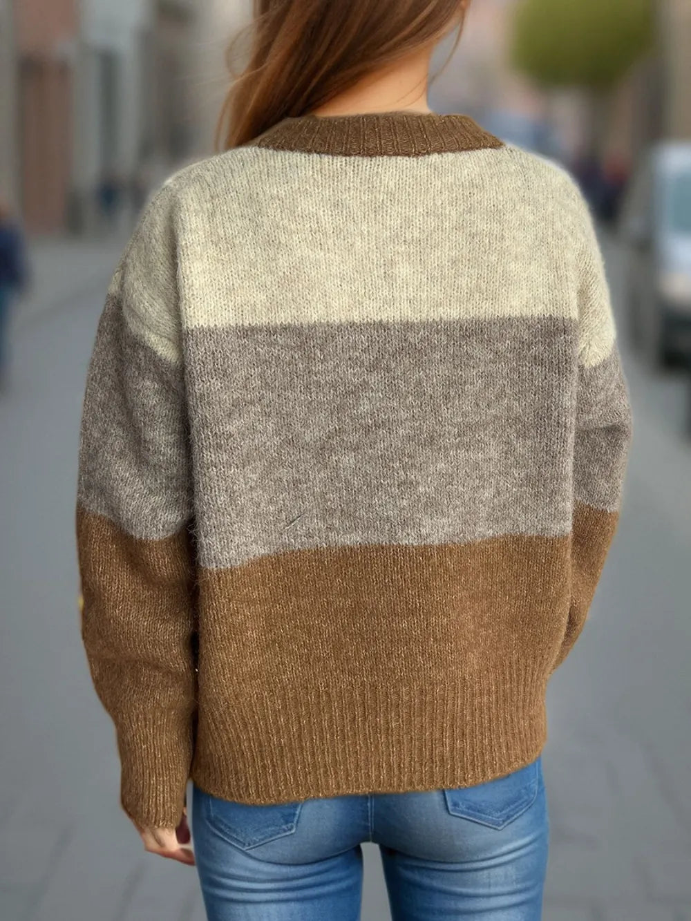 Color Block Round Neck Button Up Cardigan - Fashorio
