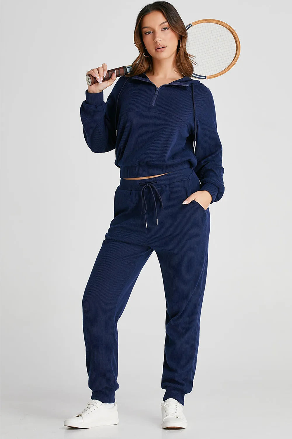 Drawstring Half Zip Hoodie and Joggers Active Set - Fashorio