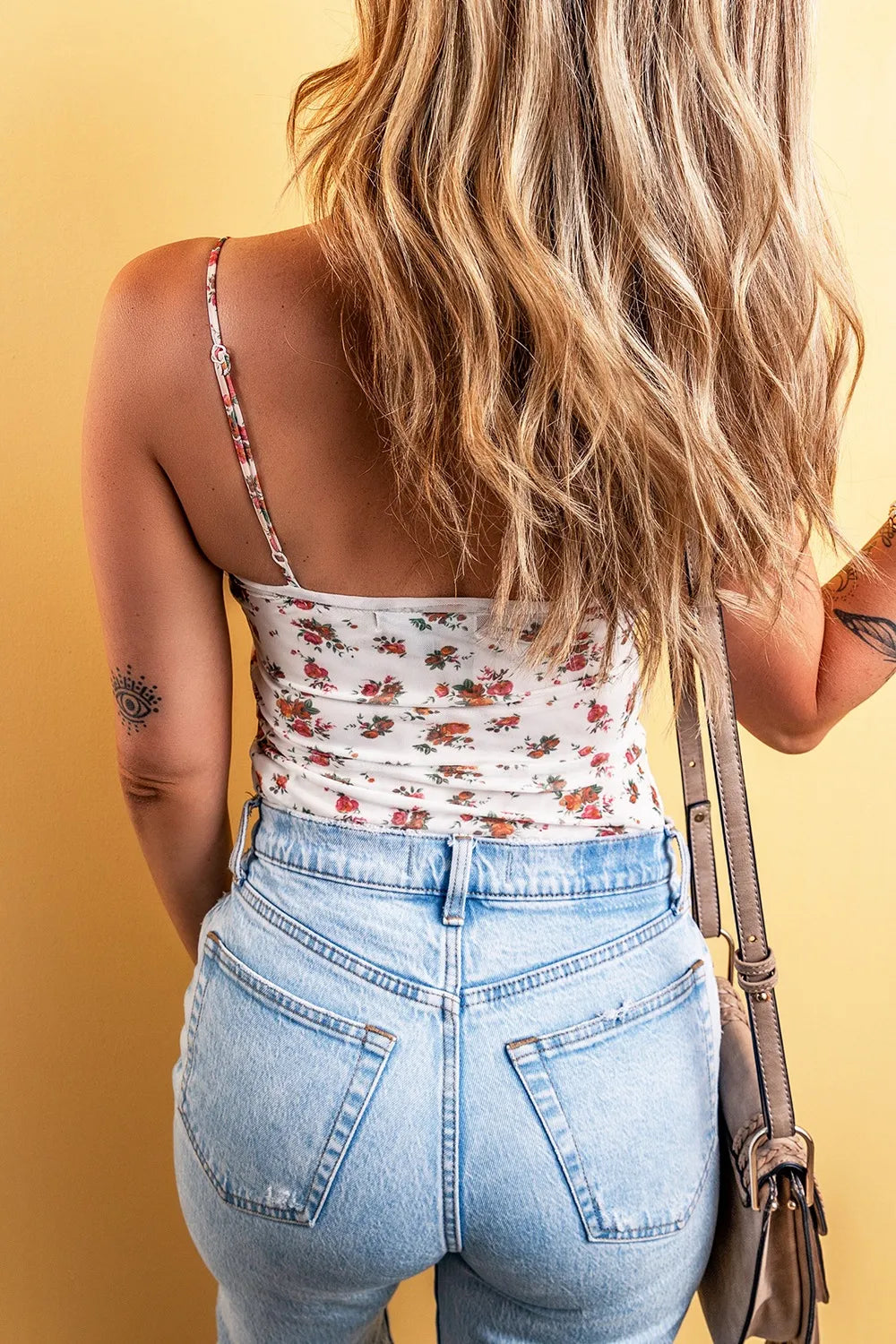 Floral Frilled Trim Spaghetti Straps Bodysuit - Fashorio