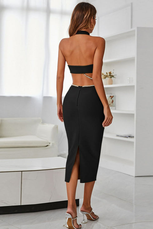 Rhinestone Halter Neck Cutout Slit Midi Dress - Fashorio