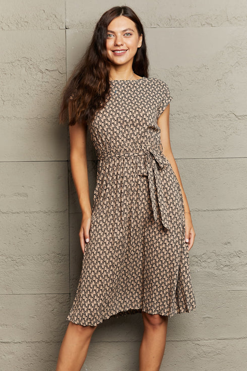 Perfee Printed Tie-Waist Dress – Knee-Length Chic A-Line Camel - Fashorio