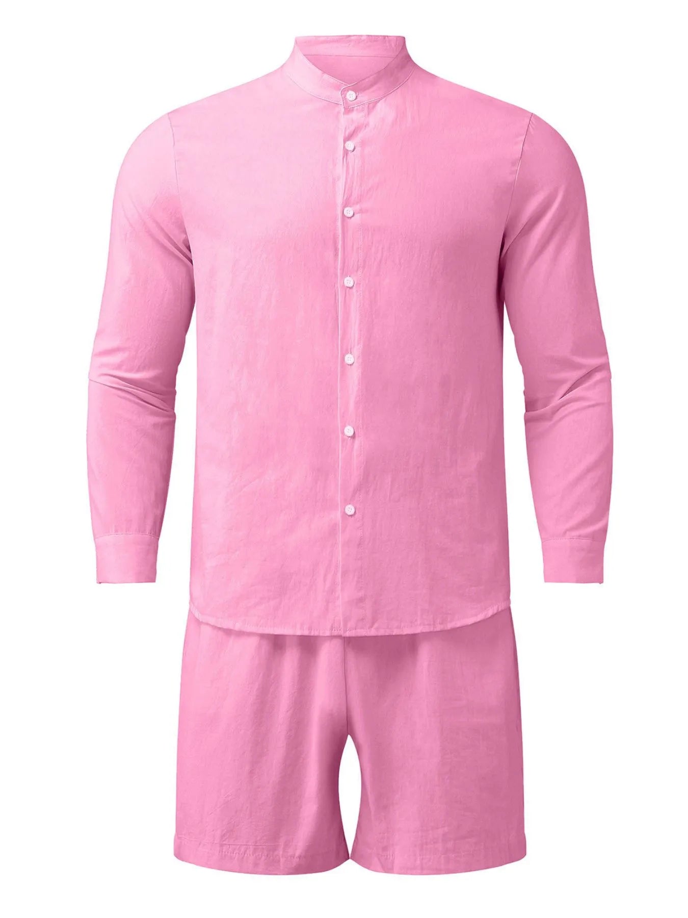 Men's Full Size Button Up Long Sleeve Shirt and Shorts Set Plus Size Pink - Fashorio