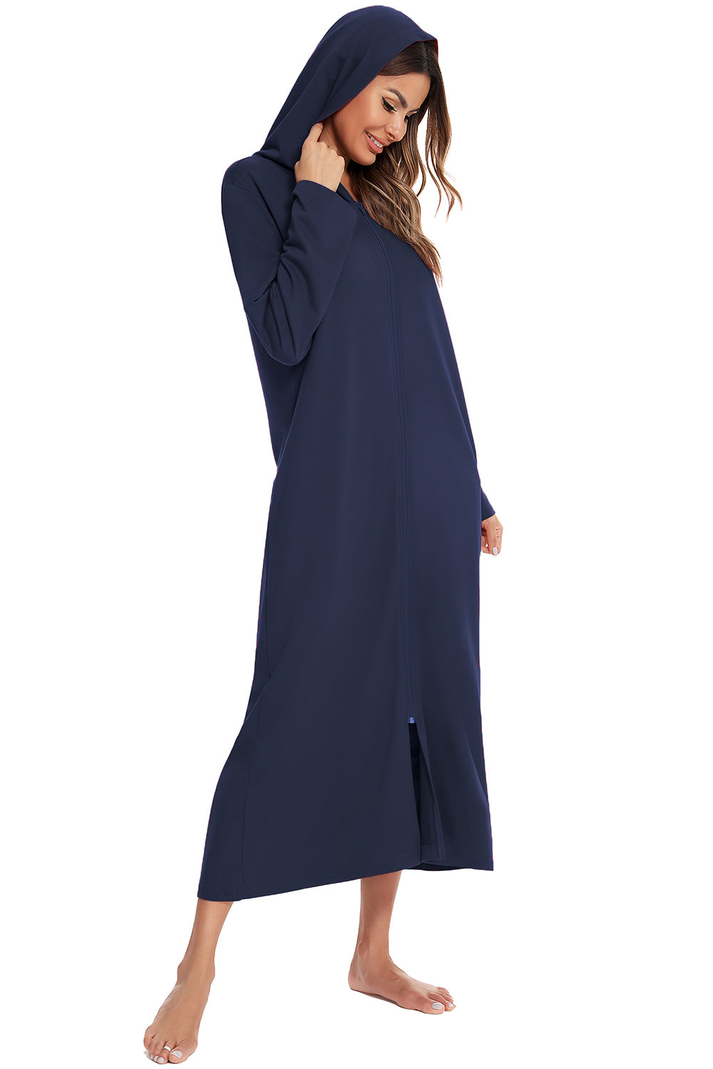 Zip Front Hooded Night Dress with Pockets - Fashorio