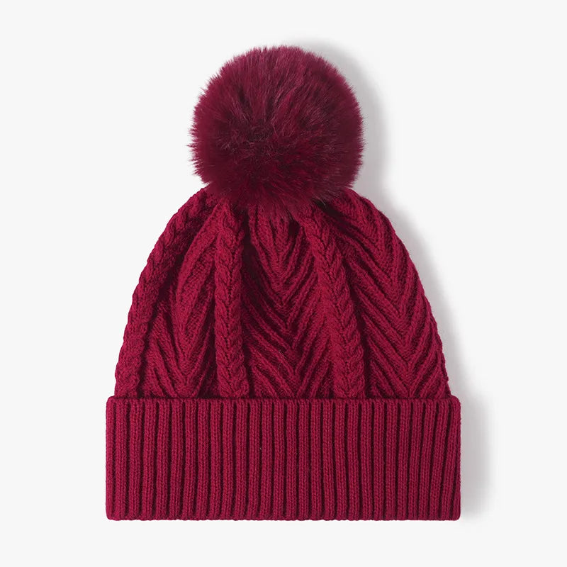 Cable Knit Solid Color Hat with Pompom Burgundy One Size - Fashorio