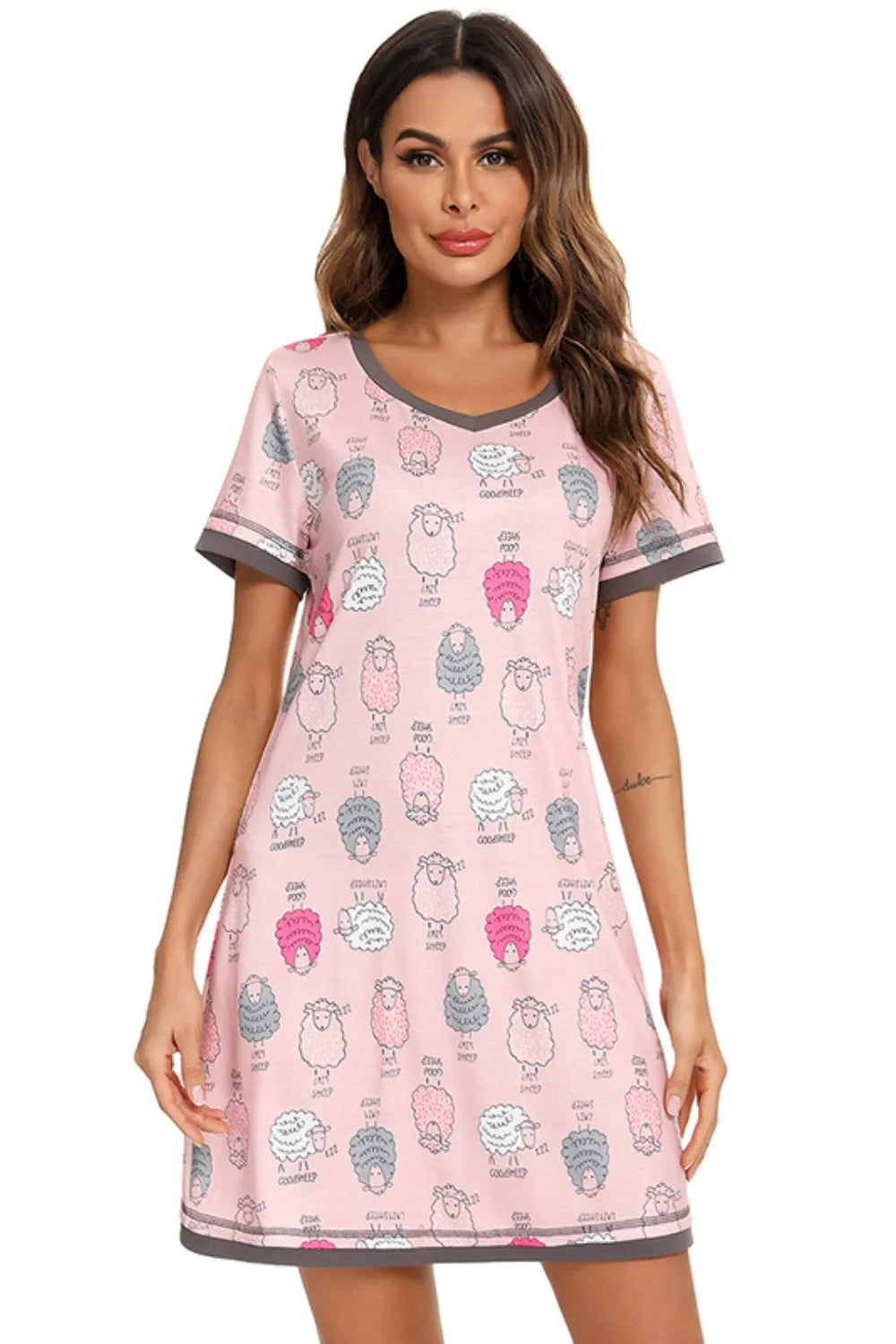 Contrast Trim Short Sleeve Lounge Dress Dusty Pink - Fashorio