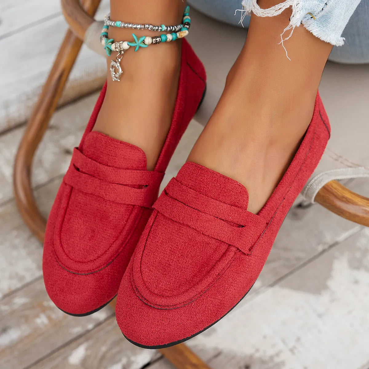 Round Toe Slip-Ons Red - Fashorio