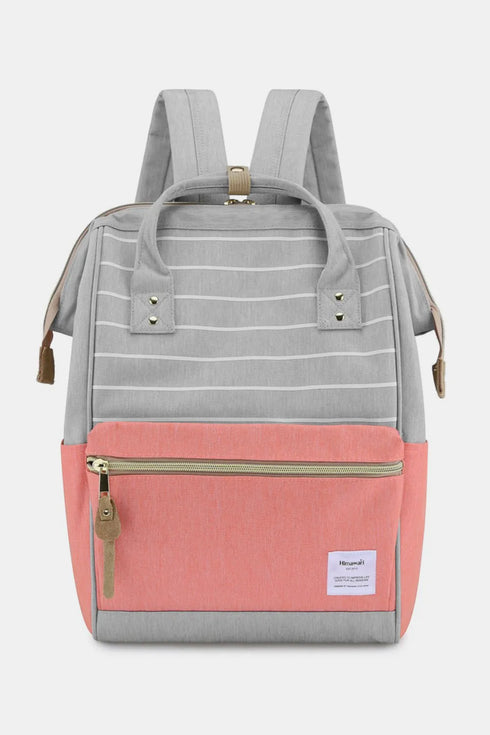 Himawari Waterproof Canvas Backpack Bag with Side Pockets Grey Pink Stripe One Size - Fashorio