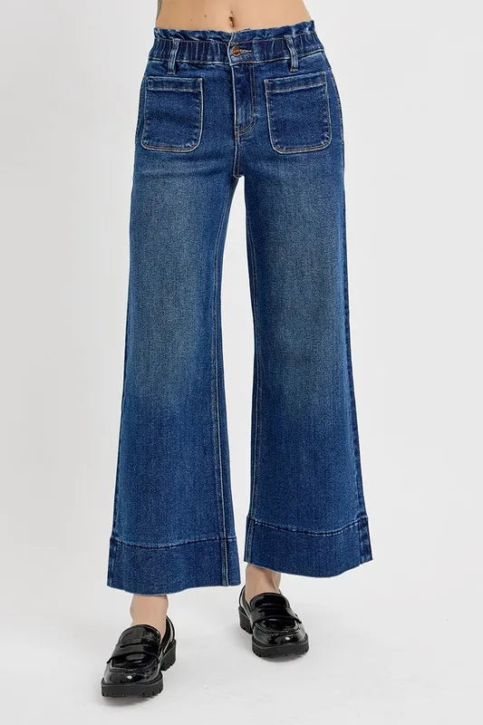 RISEN Elastic Band Wide Leg Jeans Dark - Fashorio