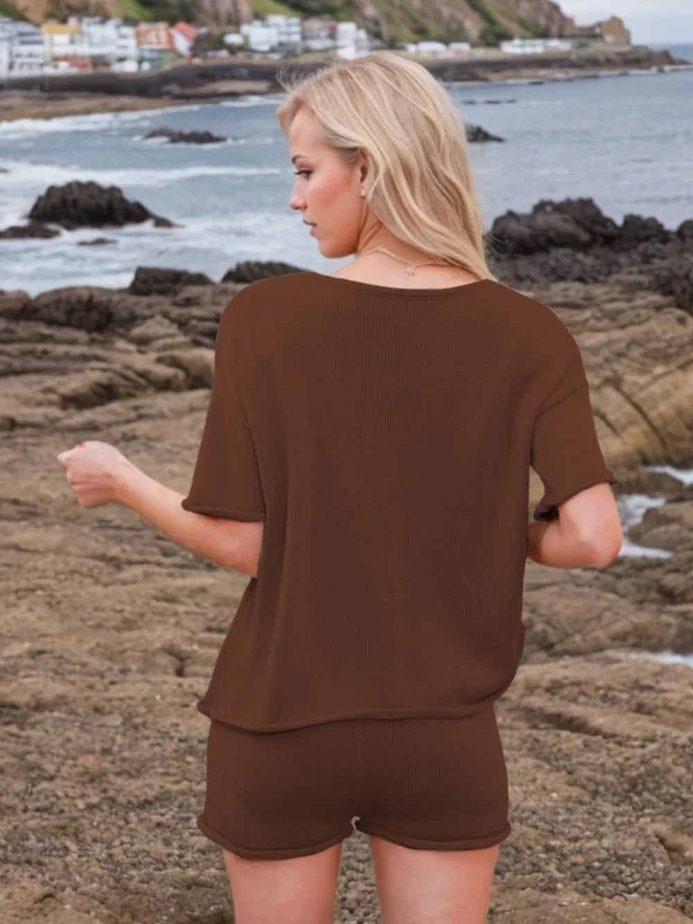 Round Neck Short Sleeve Top and Shorts Sweater Set - Fashorio