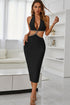 Rhinestone Halter Neck Cutout Slit Midi Dress Black - Fashorio