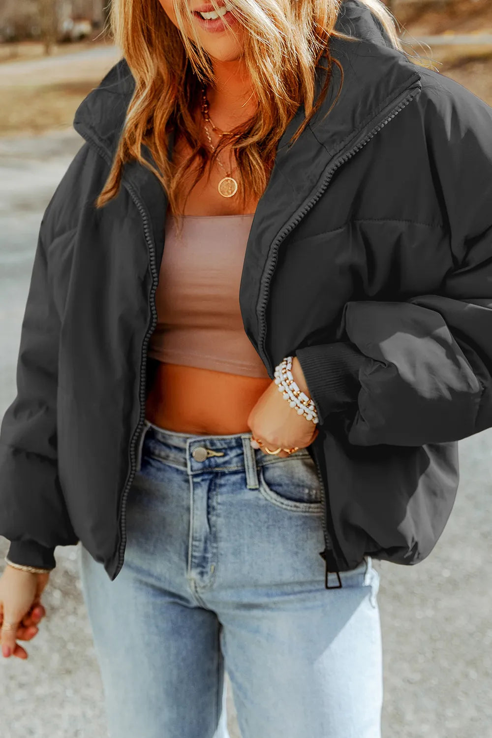 Zip Up Collared Neck Coat with Pockets - Fashorio