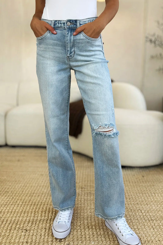 Judy Blue Full Size High Waist Distressed Straight Jeans Light - Fashorio