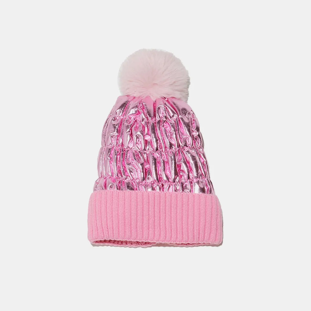 Thermal Knit Hat with Pompom Fuchsia Pink One Size - Fashorio