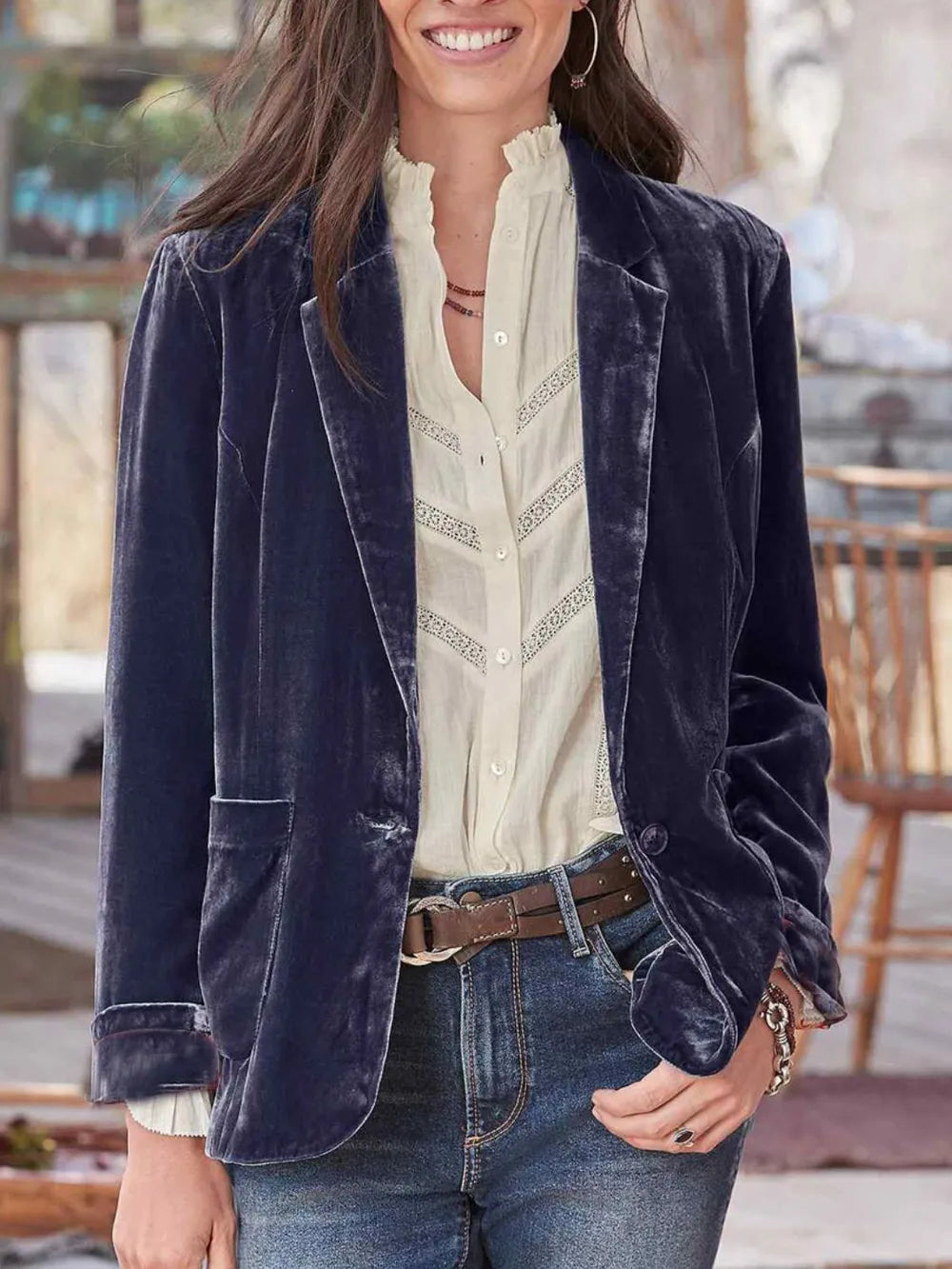 Pocketed Button Up Lapel Collar Blazer Violet - Fashorio