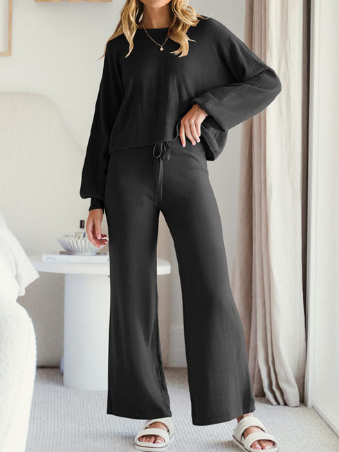 Long Sleeve Lounge Top and Drawstring Pants Set - Fashorio