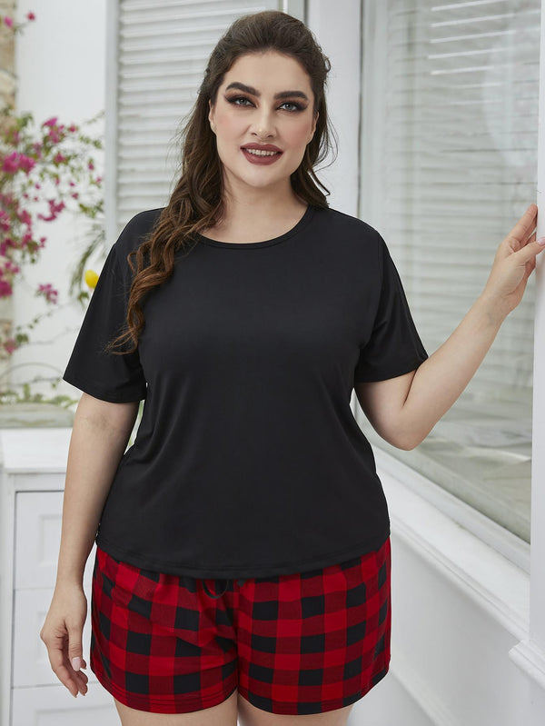Plus Size Round Neck Tee Shirt and Plaid Shorts Lounge Set Black Red - Fashorio