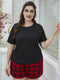Plus Size Round Neck Tee Shirt and Plaid Shorts Lounge Set Black Red - Fashorio