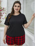 Plus Size Round Neck Tee Shirt and Plaid Shorts Lounge Set Black Red - Fashorio