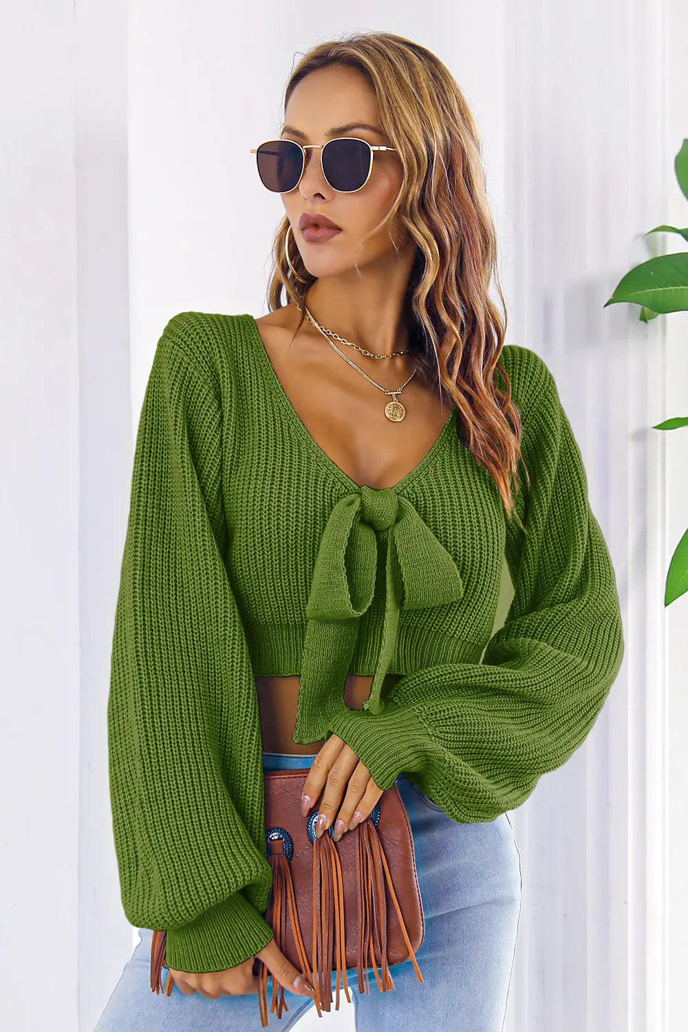 Bow V-Neck Long Sleeve Cropped Sweater - Fashorio