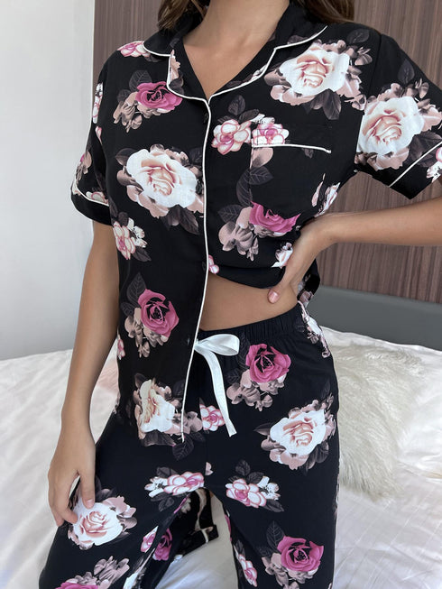 Floral Short Sleeve Shirt and Pants Lounge Set - Fashorio