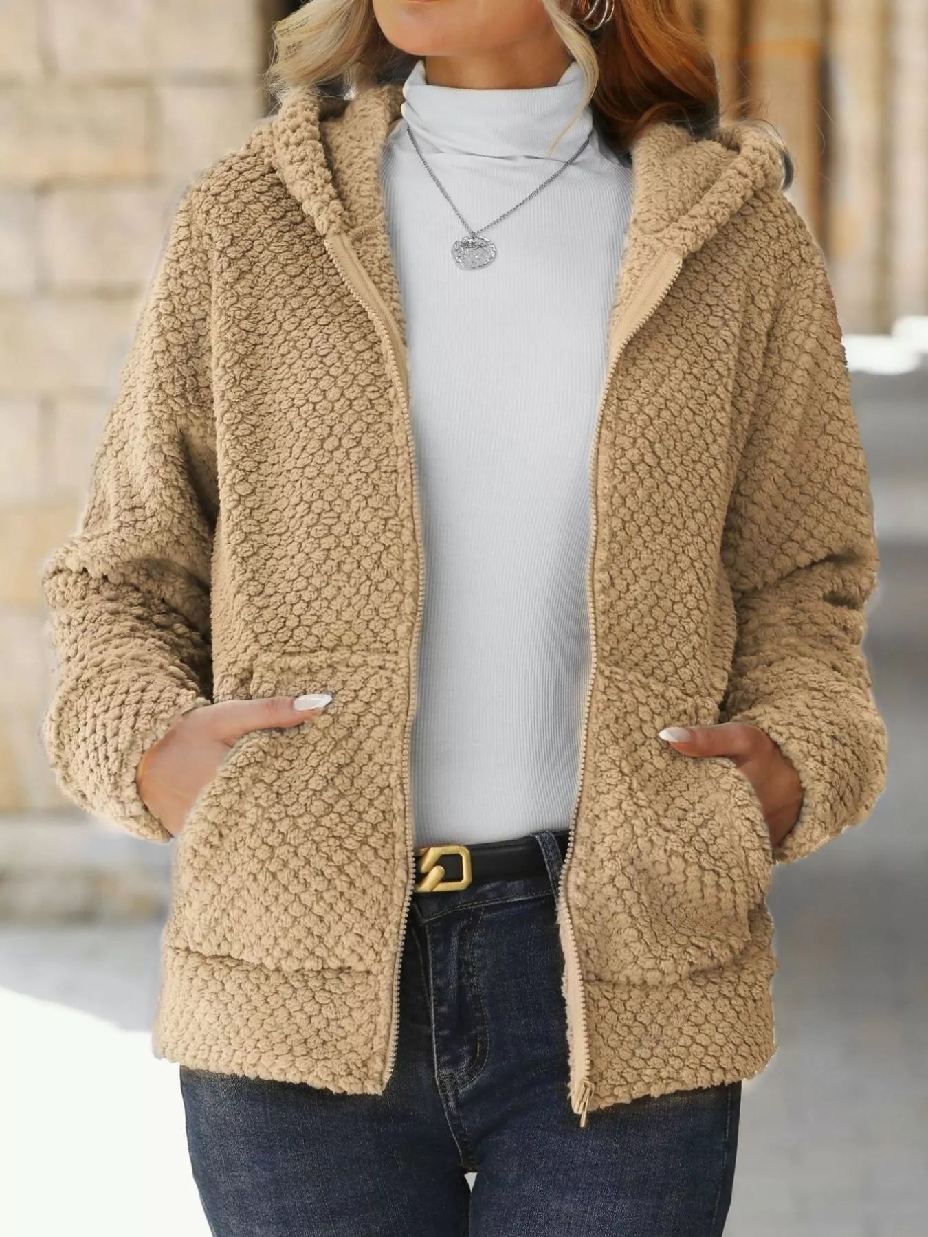 Textured Knit Zip-Up Hooded Outerwear Apricot - Fashorio