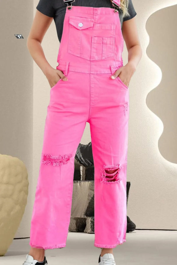 Distressed Pocketed Wide Strap Denim Overalls Pink - Fashorio