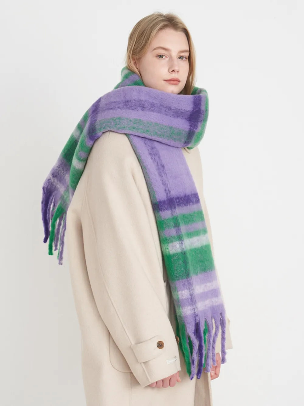 Fringe Plaid Polyester Scarf - Fashorio