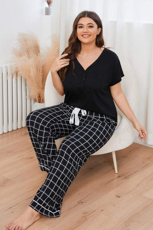 Plus Size V-Neck Top and Plaid Pants Lounge Set - Fashorio