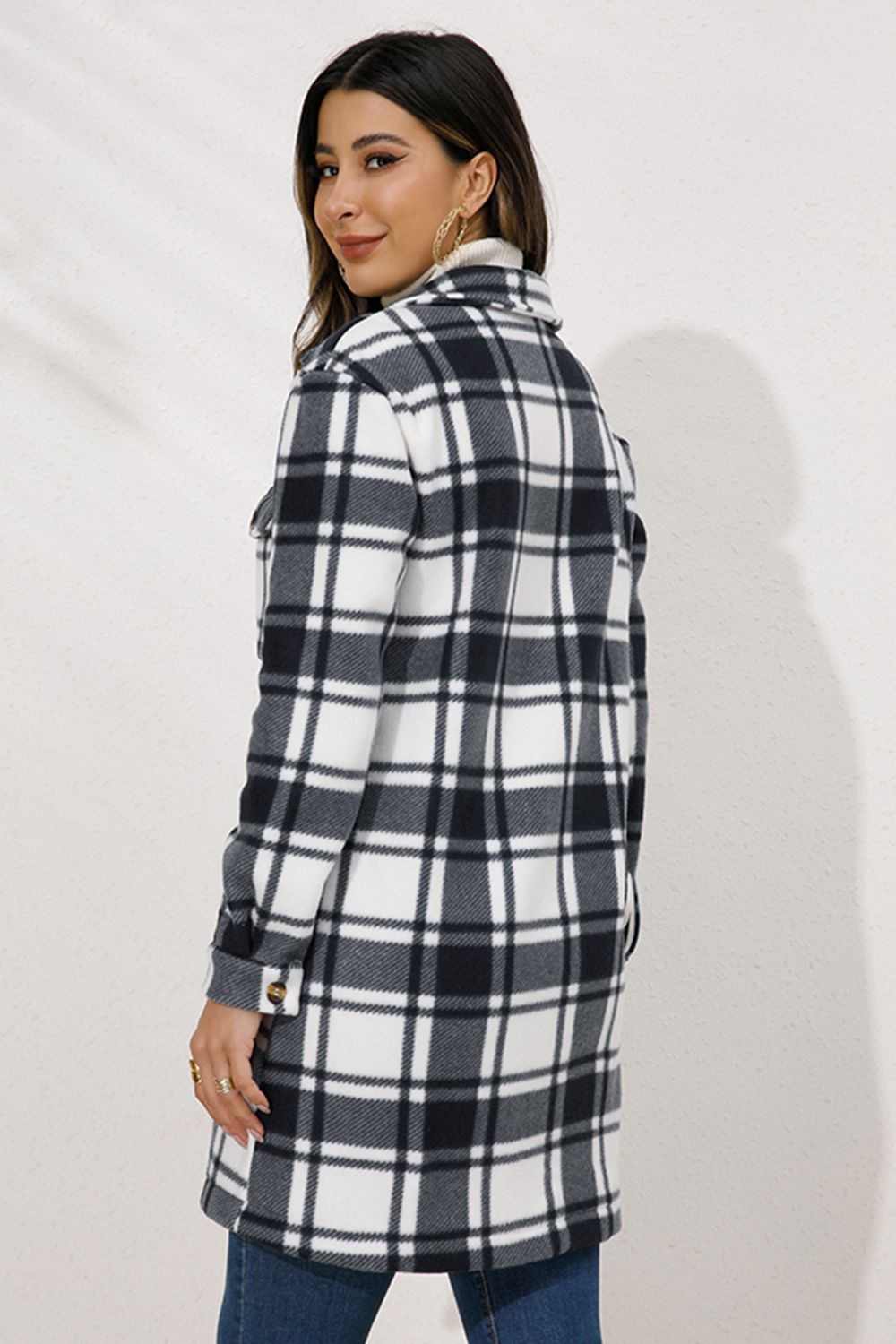 Shiny Plaid Collared Longline Coat - Fashorio