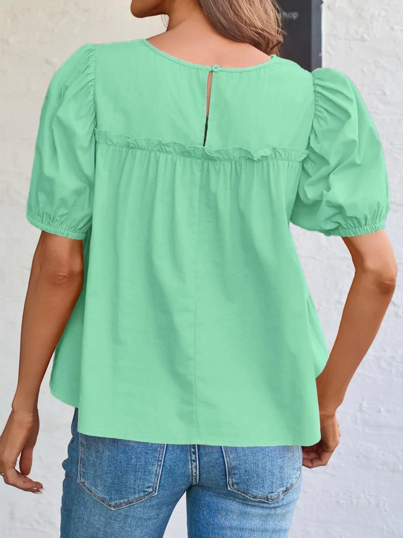 Tiered Round Neck Puff Sleeve Ruched Blouse - Fashorio