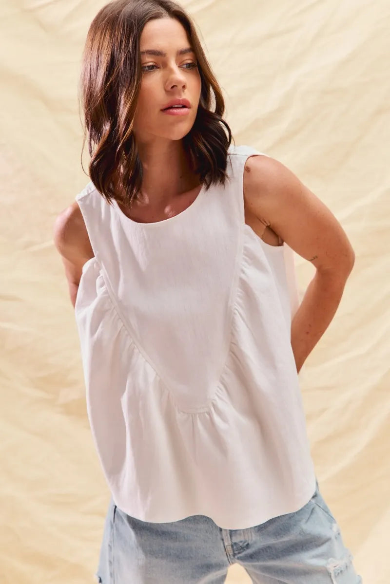SO ME Game Day Color Denim Ruched Sleeveless Top - Fashorio