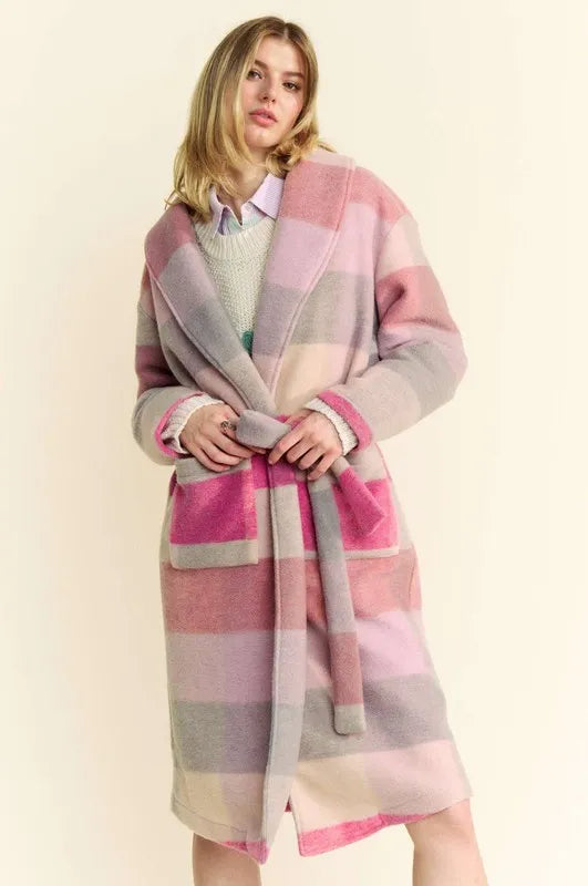 Davi & Dani Tied Color Block Collared Neck Coat - Fashorio