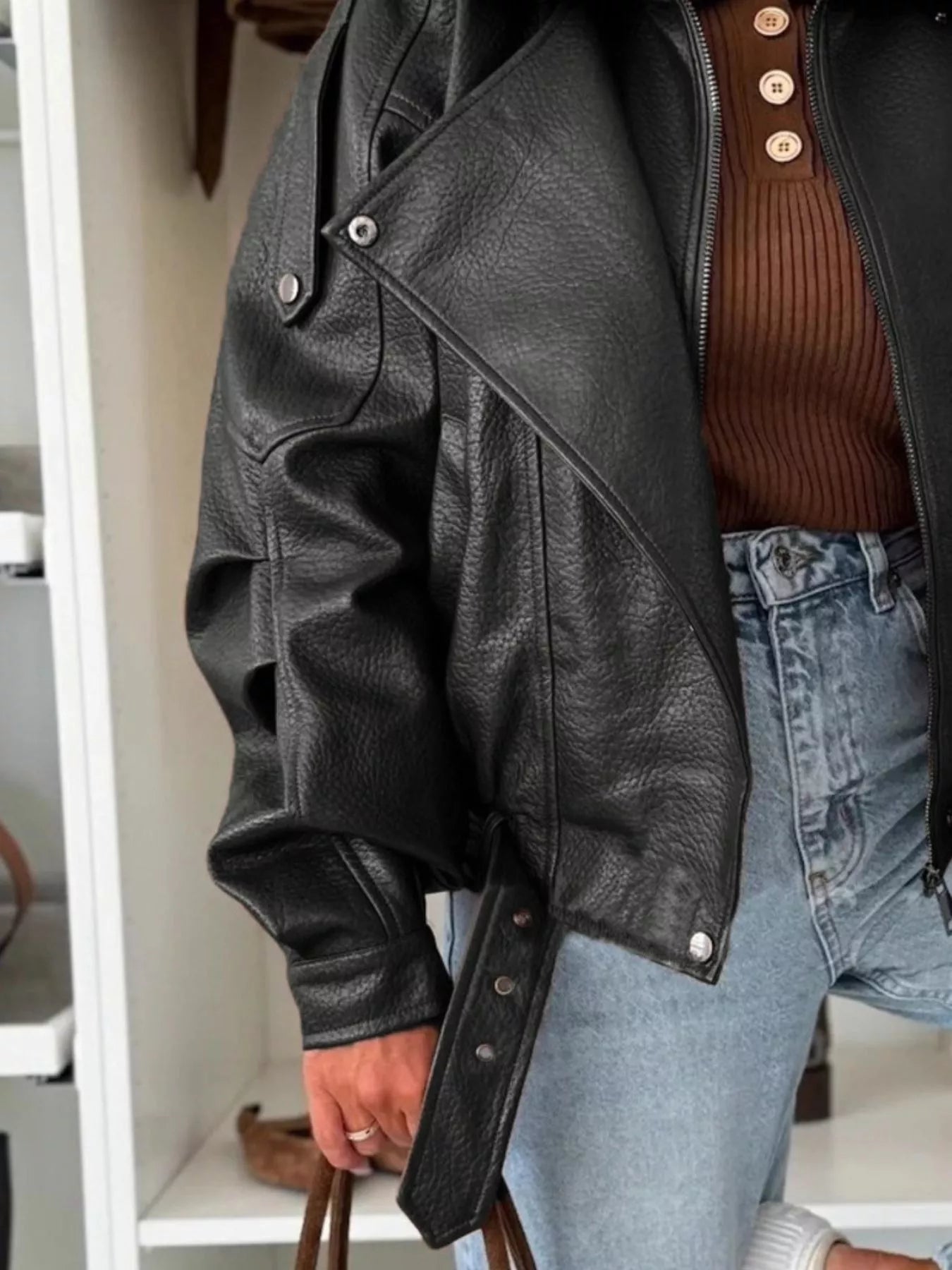 Leather Zip Up Jacket – Buttoned Faux Leather Outerwear - Fashorio