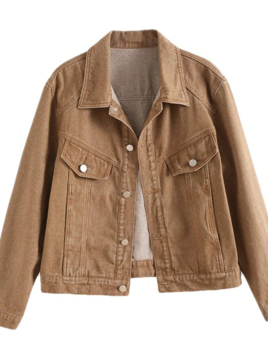 Button Up Long Sleeve Denim Jacket Khaki - Fashorio