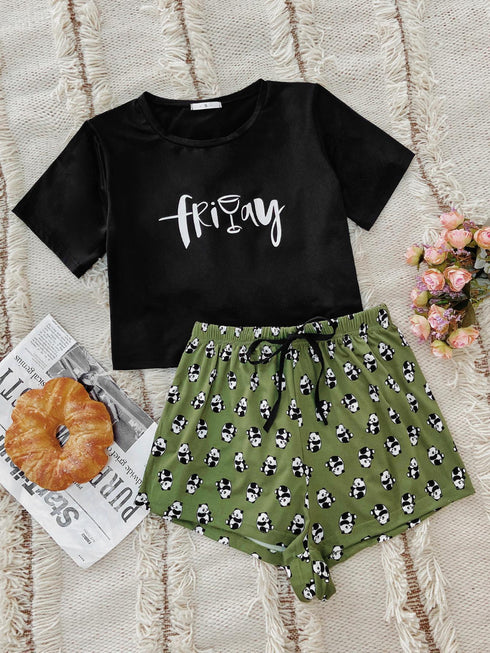 Graphic Tee and Panda Print Shorts Lounge Set - Fashorio
