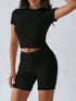 Round Neck Short Sleeve Top and Shorts Set Black - Fashorio