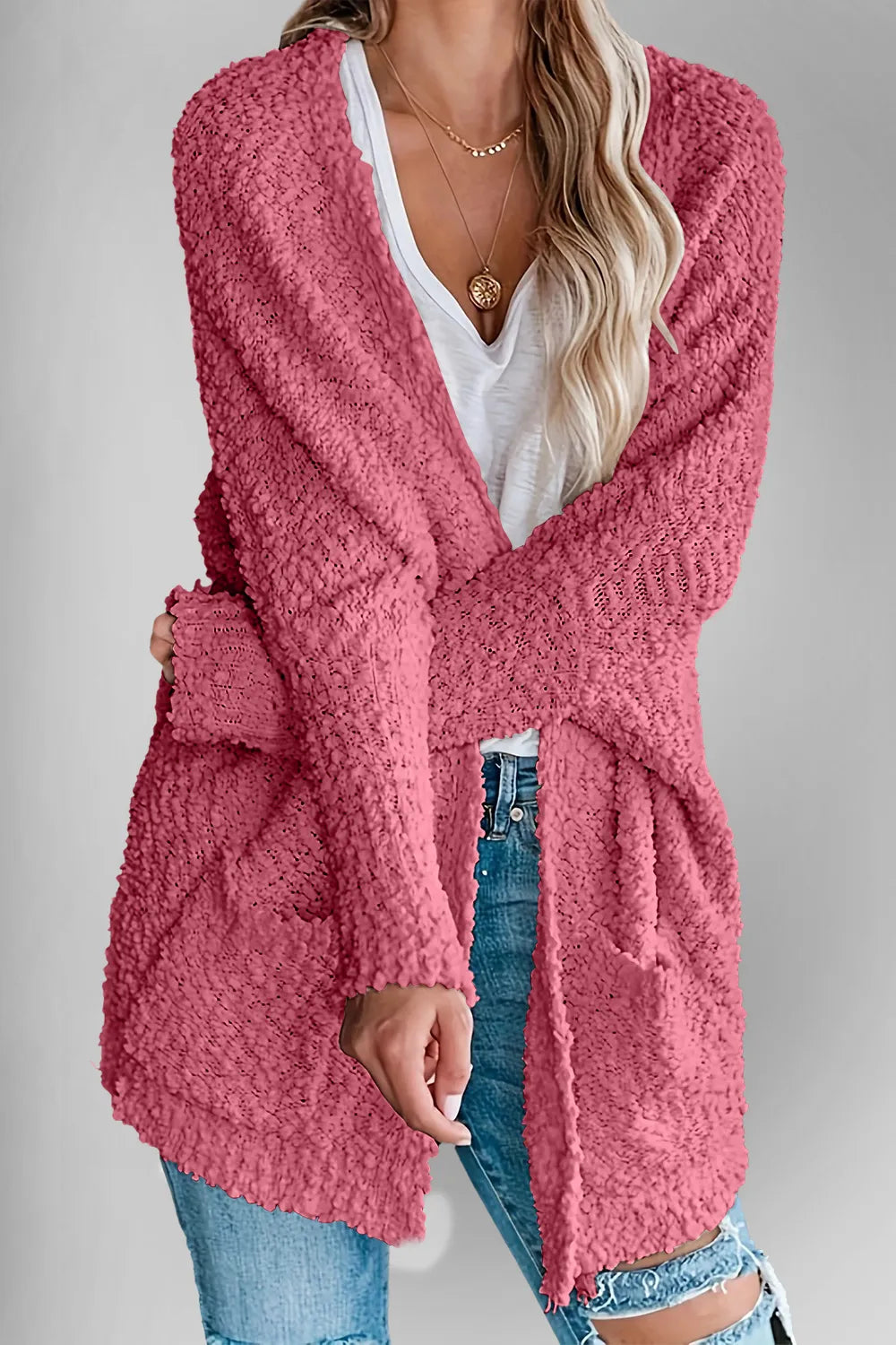 Double Take Pocketed Open Front Long Sleeve Cardigan - Fashorio