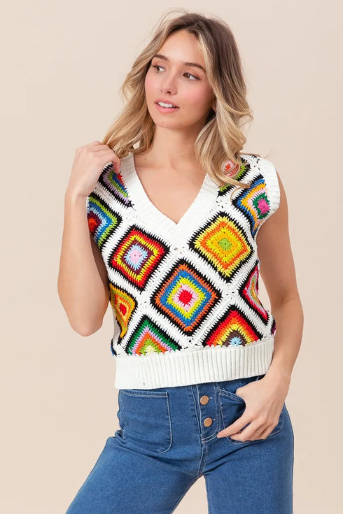 BiBi Diamond Granny Square Sweater Vest - Fashorio