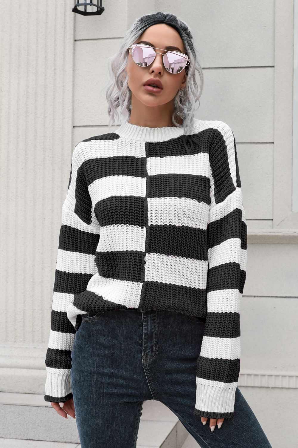 Color Block Dropped Shoulder Sweater Black - Fashorio