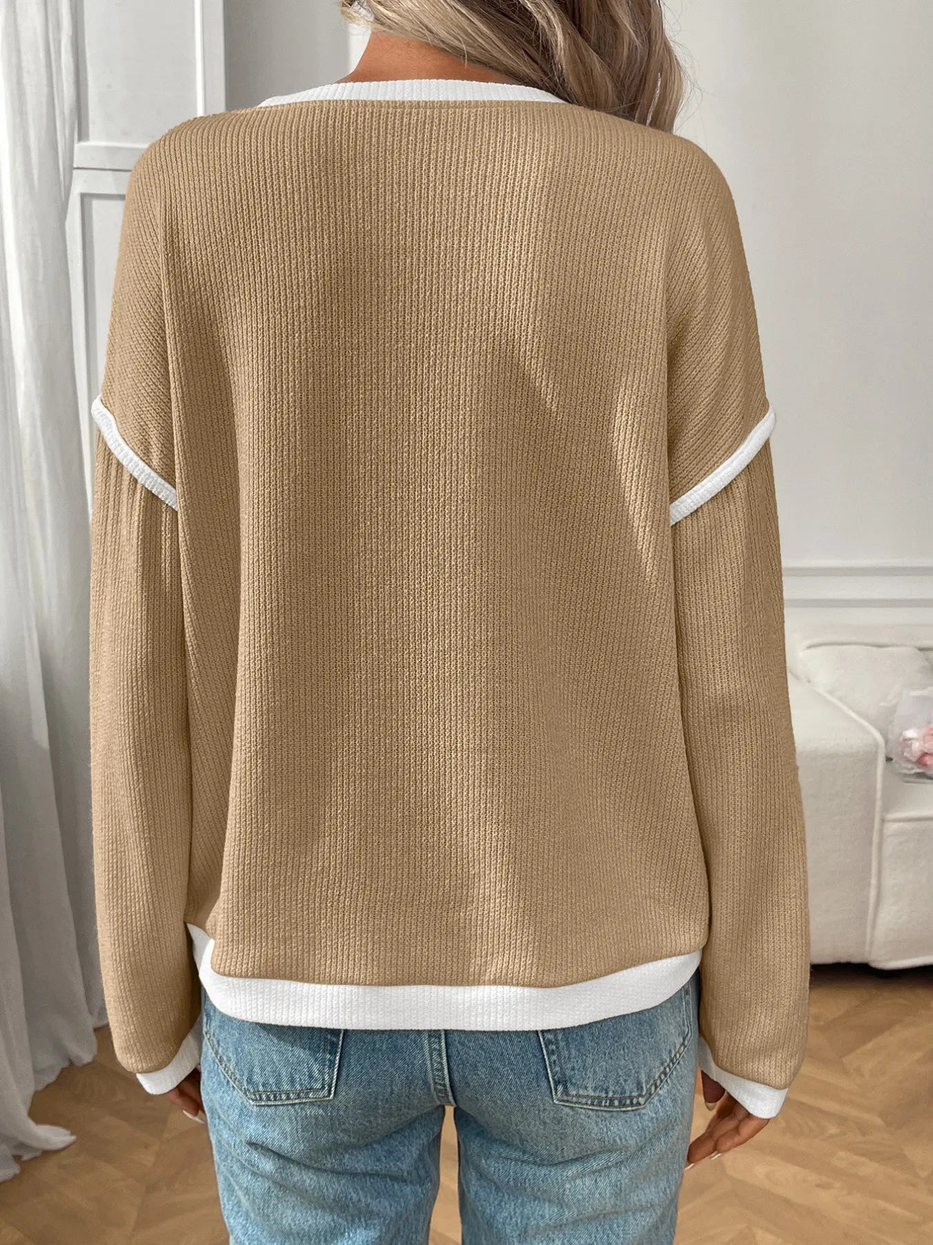 Ribbed Contrast Trim Long Sleeve Top - Fashorio