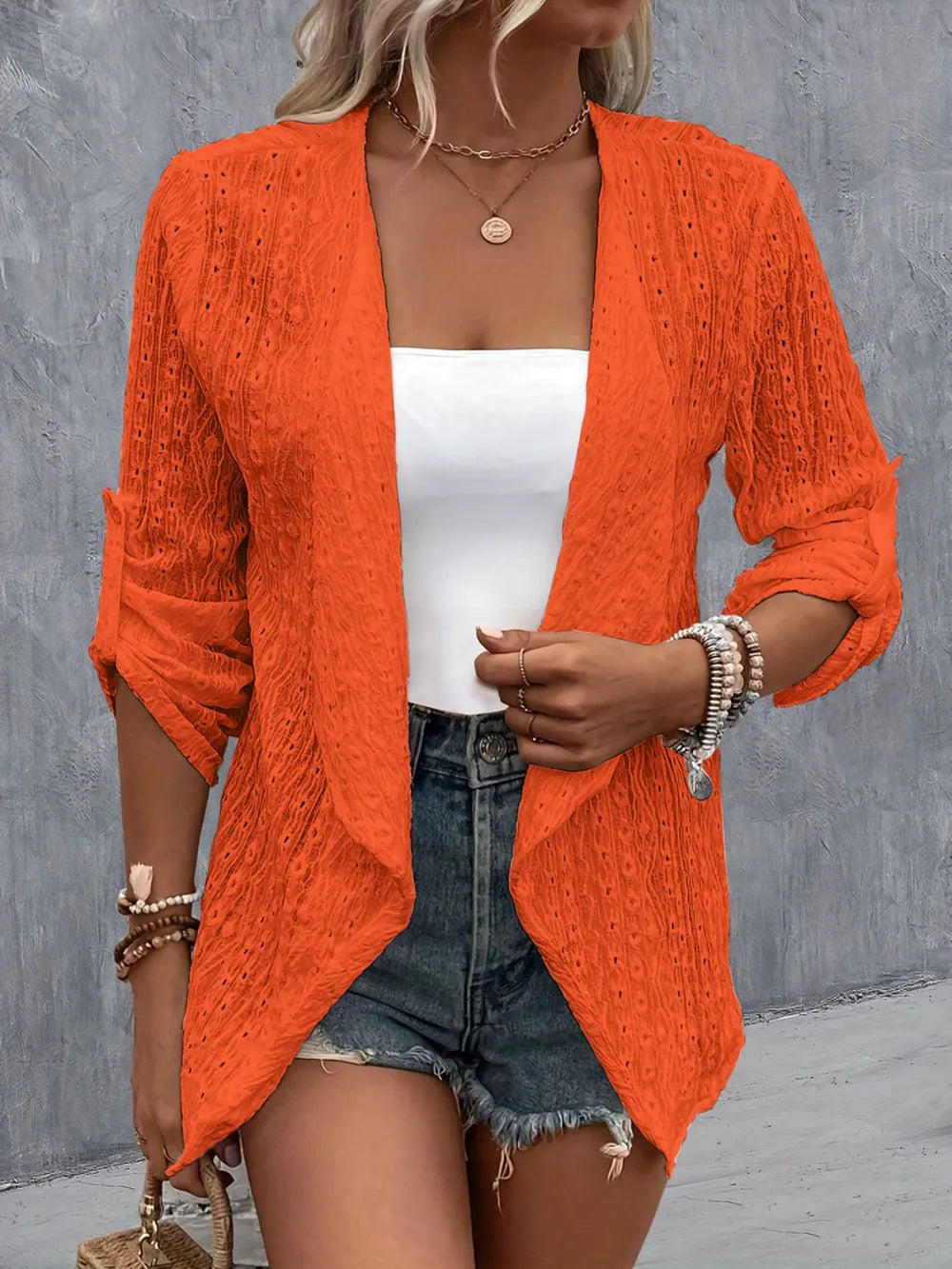 Eyelet Roll-Tab Sleeve Cardigan Orange - Fashorio
