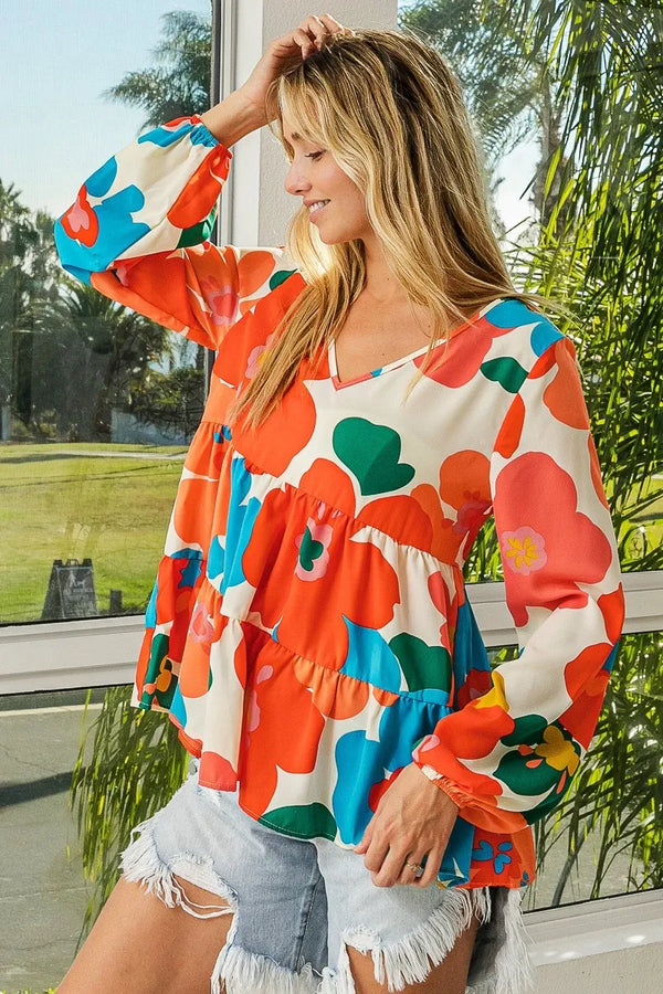 BiBi Floral Woven Tiered V Neck Top FLORAL - Fashorio