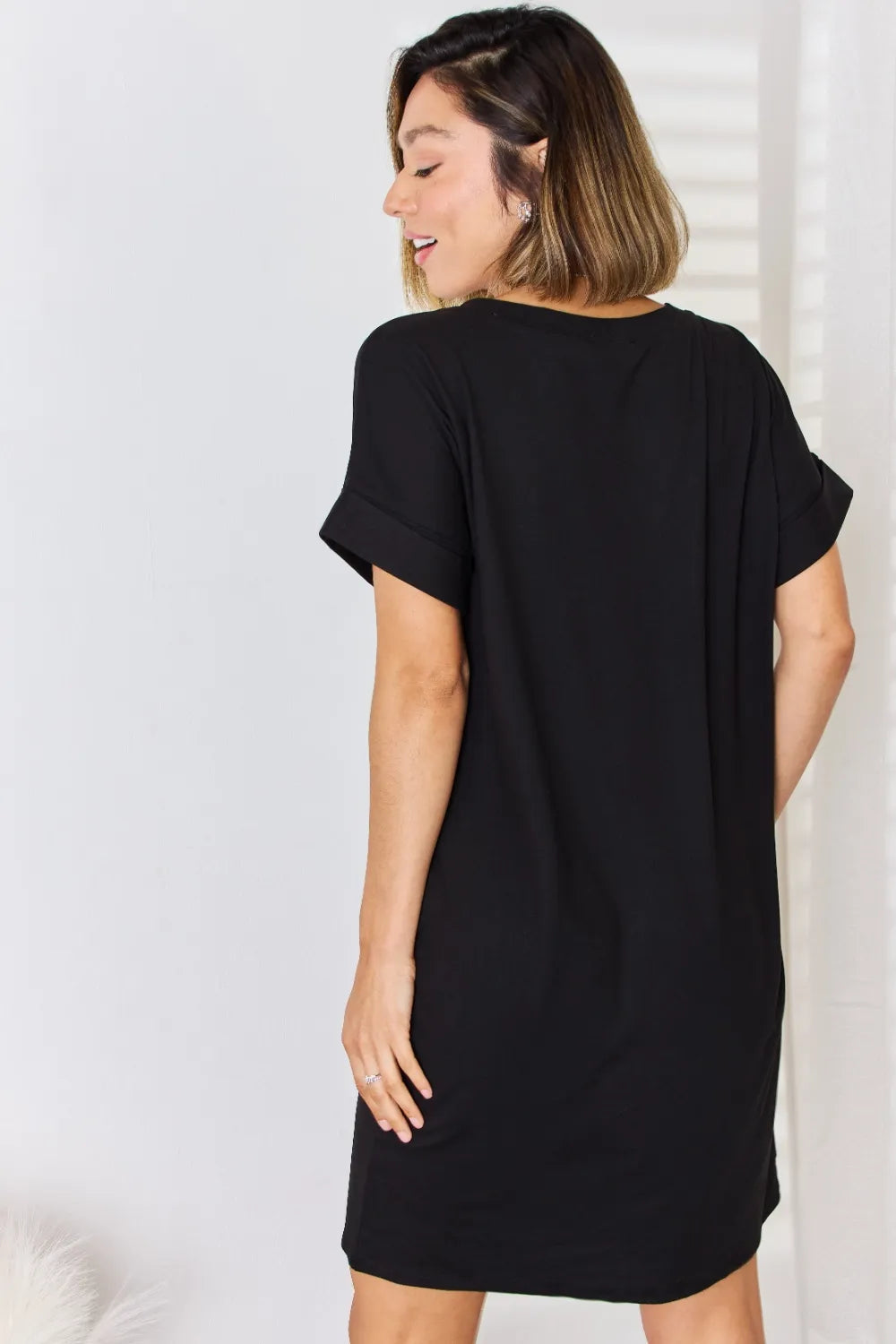 Rolled Sleeve V-Neck Dress – Stretchy Everyday Comfort - Fashorio
