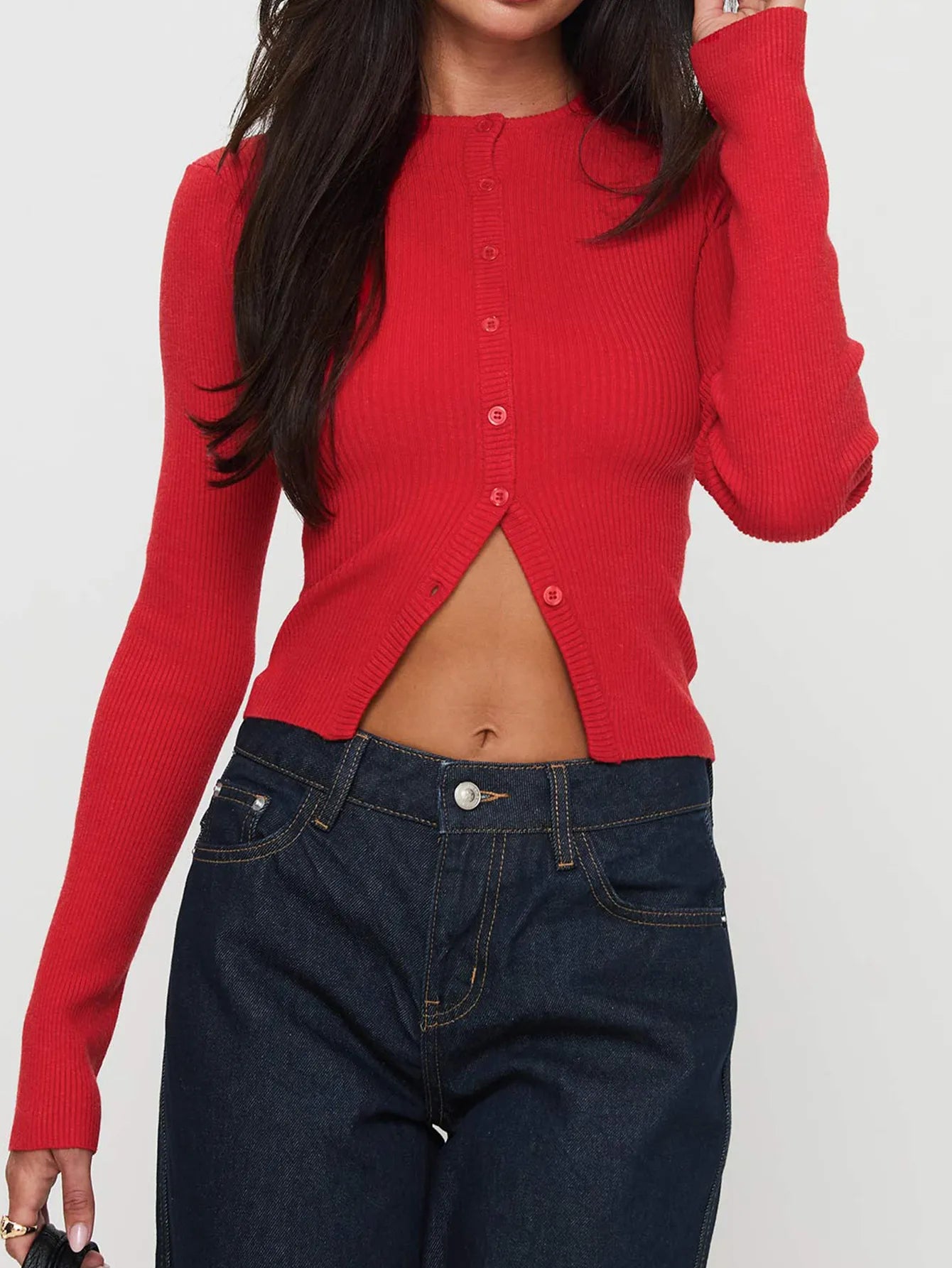 Ribbed Button-Up Cardigan Red - Fashorio