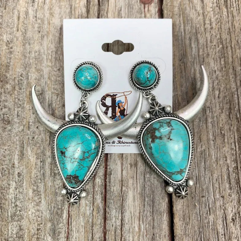 Artificial Turquoise Alloy Cow Head Earrings Turquoise One Size - Fashorio