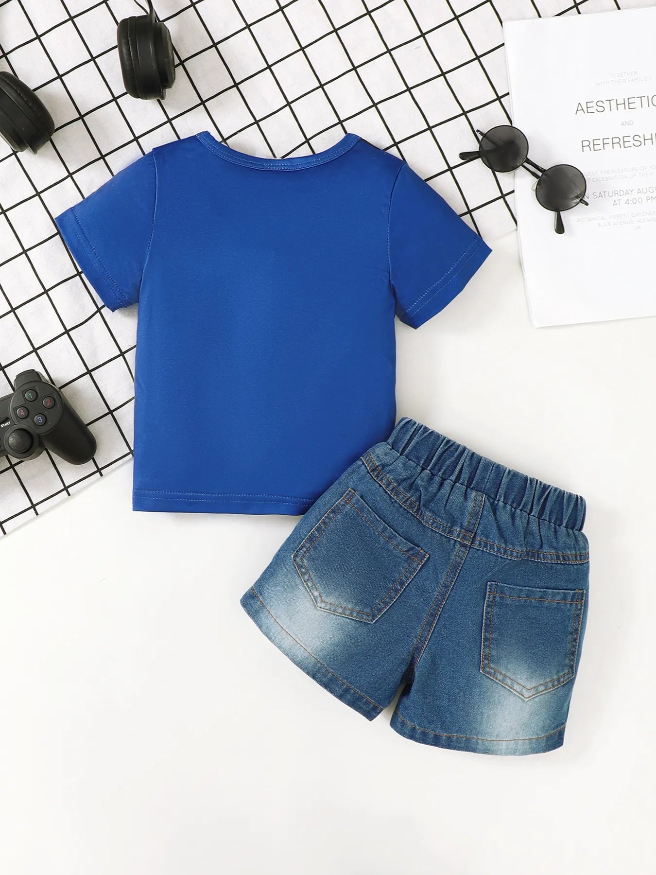 Children's Letter Round Neck Top and Denim Shorts Set - Fashorio