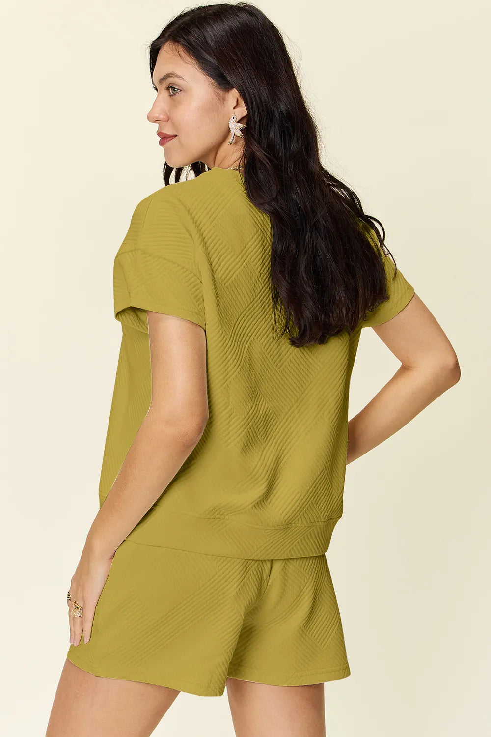 Double Take Full Size Texture Short Sleeve T-Shirt and Drawstring Shorts Set - Fashorio