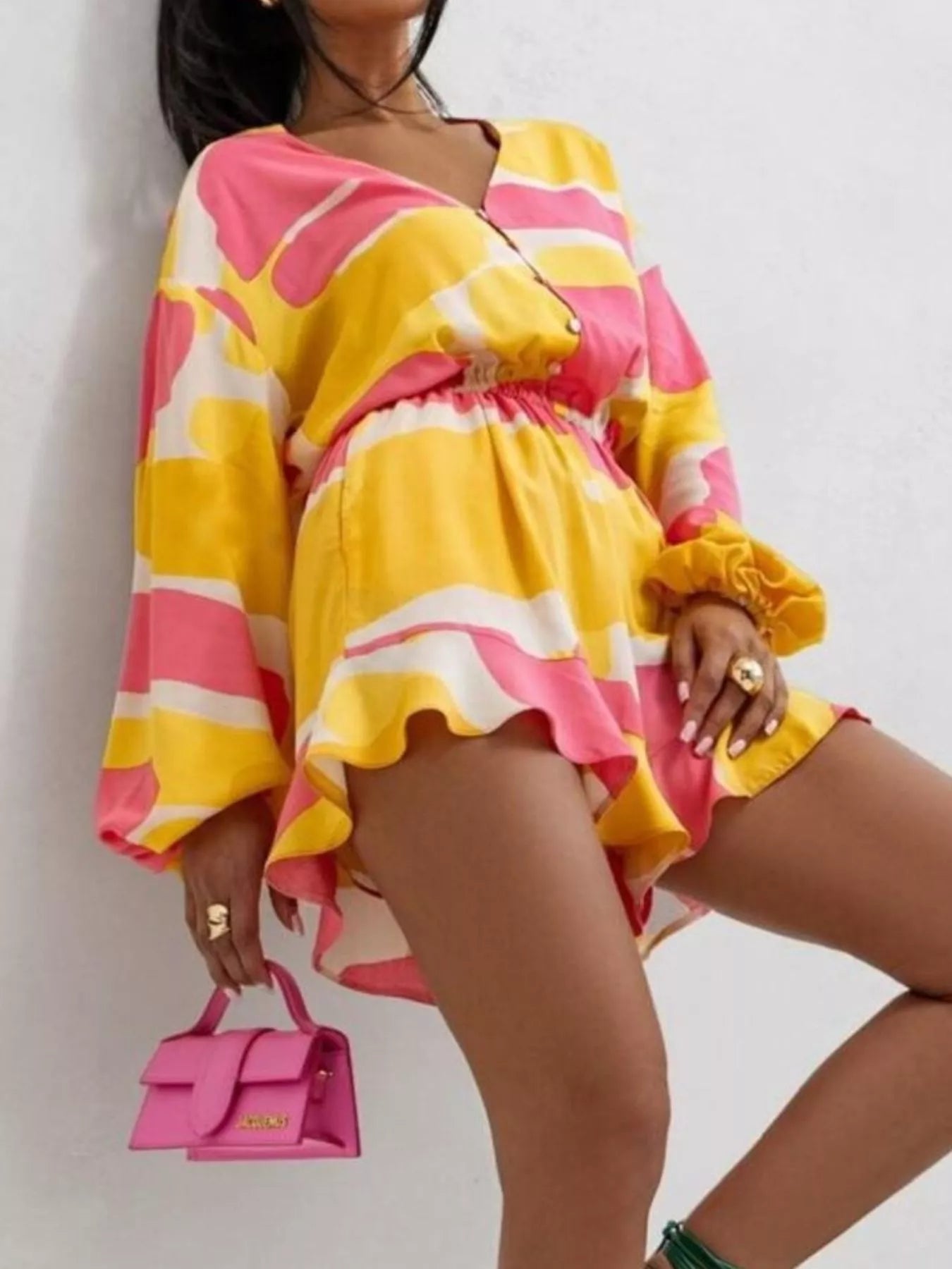 Floral V-Neck Long Sleeve Romper with Elastic Waist - Fashorio