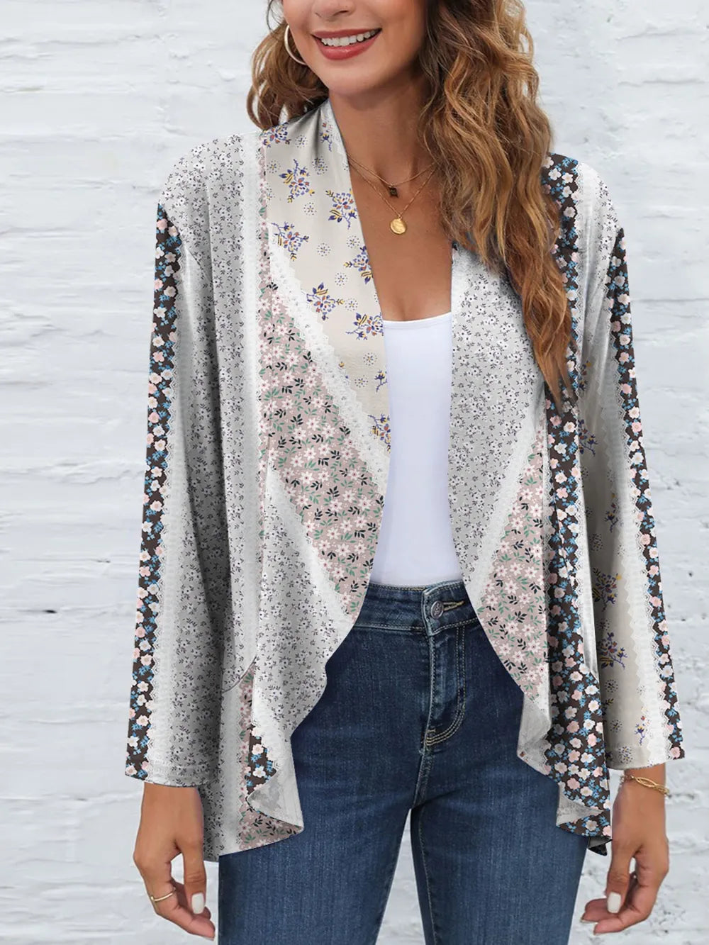 FAM-FAM Printed Open Front Long Sleeve Cardigan Beige - Fashorio