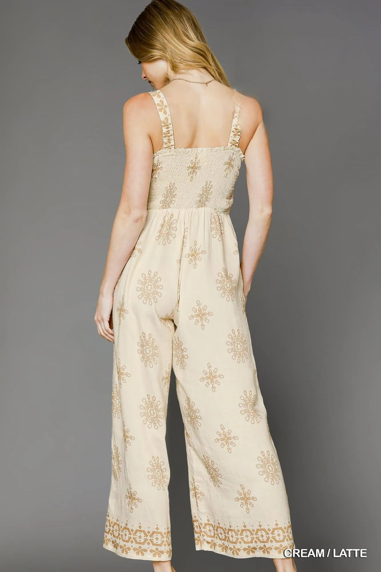 Umgee Smocked Printed Wide Leg Jumpsuit - Fashorio